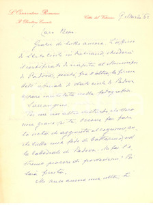Autografo originale 1962 ROMA Lettera Giuseppe DALLA TORRE su integrazione del cognome  Autografo 1
