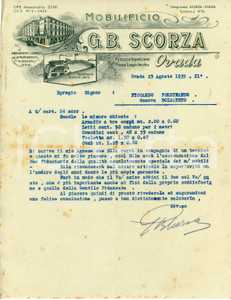 1933 OVADA Mobilificio G.B. SCORZA Lettera commerciale 22x28 cm Documento d'epoca.  CONDIZIONI:POOR/danneggiato Piegature centrali d'epoca, bruniture diffuseFORMATO: 22x28 cm originale e autentica 1