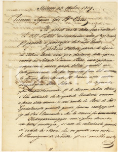 1819 MILANO Giovanni Antonio BATTAGLIA su vendita stoffe e ricavi agente Lettera commerciale, originale d'epoca, inviata dall'imprenditore tessile Giovanni Antonio Battaglia a un agente, cui raccomanda di vendere "schals" di cotone e con il quale discute sul rapporto spese-guadagni: "Vi lagnate assai ingiustamente ...è ben naturale che le spese di condotta vanno a carico della merce e così anche li porti di lettere, specialmente quando queste furono raddoppiate per solo vostro commodo".PAGINE: 4 (1 bianca) CONDIZIONI:FAIR/discreto piegature d'epoca; taglio in corrispondenza dell'aperturaFORMATO: 19x25 cm originale e autentica 1