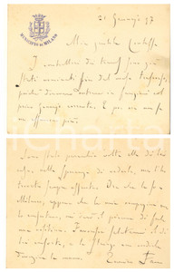 Autografo originale 1897 MILANO Biglietto senatore Enrico FANO su controllori dei tram AUTOGRAFO 1