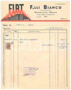 Documento originale, autentico 1937 MONCALVO MONFERRATO AT F.lli BIANCO Concessionari FIAT  Fattura 1