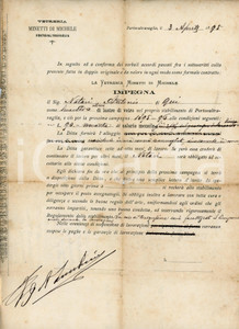 1895 PORTO VALTRAVAGLIA Vetreria MINETTI assume Antonio NOTARI come lavavetri Documento d'epoca.Appunti manoscritti al recto CONDIZIONI:VERY POOR/gravemente danneggiato Piegature centrali d'epoca, strappi e piegature diffuse ai margini, bruniture, foro centraleFORMATO: 22x33 cm originale e autentica 1