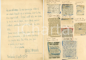 1926 MARCHIROLO - Mario MANULI - Messaggio a un giovane amico *AUTOGRAFO Messaggio autografo, originale, dello scrittore Mario Manuli a un "giovane amico, promettente come una meravigliosa primavera".Sul retro sono stati incollati, successivamente, frammenti di giornali a formare una piccola rassegna stampa.PAGINE: 1 (2 facciate) CONDIZIONI:GOOD/buonoFORMATO: 21x30 cm originale e autentica 1