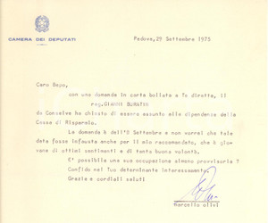 Autografo originale 1975 PADOVA Lettera on. Marcello OLIVI per raccomandazione Autografo 1