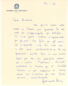 Autografo originale 1977 ROMA On. Ferdinando STORCHI  Ringraziamenti per Cittadella  AUTOGRAFO 1