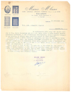 Documento originale, autentico 1950 GALLARATE VA Mario MILANI Vetraio Lettera commerciale 1