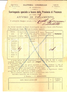 Documento originale, autentico 1895 AGAZZANO PC Esattoria Consorziale  Avviso a Giovanni CELLI 1