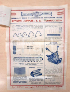 1930 ca TURBIGO (MI) Officine SIMPLEX - Fabbrica ganci - Volantino ILLUSTRATO Volantino pubblicitario su velina, originale d'epoca. CONDIZIONI:FAIR/discreto piegature d'epoca; minimi strappi marginaliFORMATO: 24x34 cm originale e autentica 1