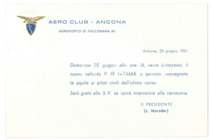 Oggetto da collezione cartaceo 1961 Aero Club ANCONA  Aeroporto FALCONARA  Invito battesimo P. 19 I=TAMA 1