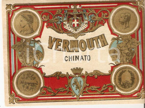 Materiale pubblicitario d’epoca 1950 ca LIQUORE VERMOUTH CHINATO Etichetta pubblicitaria VINTAGE 13x10 cm 5 1