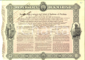 Oggetto da collezione cartaceo 1908 REPUBBLICA S. MARINO Prestito a premi istituti beneficenza OBBLIGAZIONE 2 1