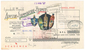 Documento originale, autentico 1942 CARMAGNOLA TO Prodotti MARISTI Alpestre Fiammaverde HERMITE Cambiale 1