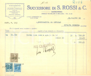 Documento originale, autentico 1933 ALESSANDRIA Ditta ROSSI & C. Magazzeno spaghi cordami canapa Fattura 1
