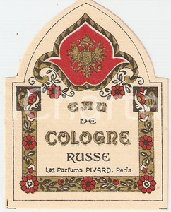 Materiale pubblicitario d’epoca 1950 ca PARIS Parfums PIVARD Eau de cologne russe Etichetta ILLUSTRATA 1