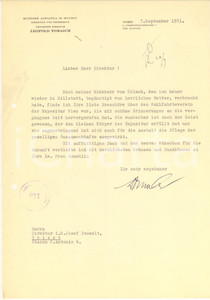 Autografo originale 1951 WIEN Riunione Adriatica di Sicurtà  Lettera Leopold TOMASCH a un collega 1