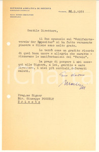 Manoscritto, lettera originale 1951 TRIESTE Riunione Adriatica Sicurtà  Lettera Diego MERLUZZI segretario 1