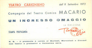 Oggetto da collezione cartaceo 1972 TORINO TEATRO CARIGNANO Compagnia Comica MACARIO Ingresso omaggio 1