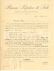Documento originale, autentico 1901 BANCA POPOLARE DI SALO   Lettera ai soci per convocazione assemblea 1