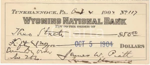Oggetto da collezione cartaceo 1904 TUNKHANNOCK Pennsylvania USA Assegno bancario WYOMING NATIONAL BANK 1