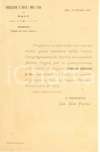 Documento originale, autentico 1897 SALO  BS Congregazione di Carità  Nomina esattore Bortolo ZAMBONI 1