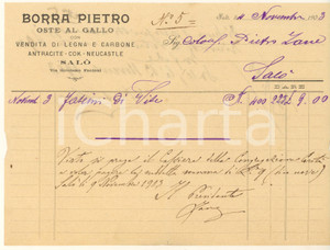 Documento originale, autentico 1903 SALO  BS BORRA Pietro  Oste al Gallo con vendita legna Fattura 1