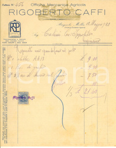 Documento originale, autentico 1923 BAGNOLO MELLA Officina Meccanica Agricola Rigoberto CAFFI  Fattura 3 1
