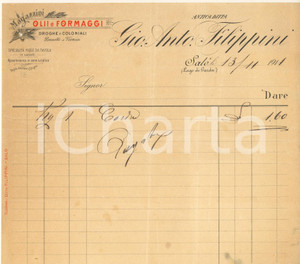 Documento originale, autentico 1911 SALO  Ditta Gio. Anto. FILIPPINI  Magazzini olii e formaggi Fattura 1