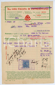 Documento originale, autentico 1919 MILANO Ditta CASA ITALIANA DI RAPPRESENTANZA Fattura 14x23 cm 1