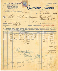 Documento originale, autentico 1930 TORINO Via Garibaldi 43  GARRONE Albino  Pellami e calzature Fattura 1
