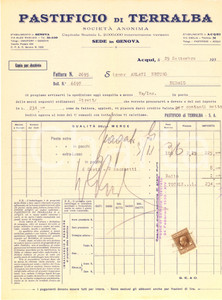 Documento originale, autentico 1936 ACQUI TERME Pastificio di TERRALBA  Fattura intestata 1