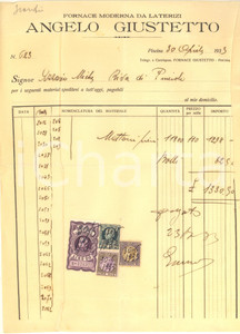 Documento originale, autentico 1933 PISCINA TO Angelo GIUSTETTO Fornace moderna da laterizi  Fattura 1