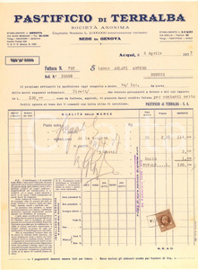 Documento originale, autentico 1937 ACQUI TERME AL Pastificio di TERRALBA  Pasta extra Fattura intestata 1