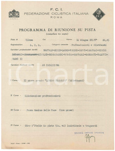 Documento originale, autentico 1940 CICLISMO  MILANO Programma di riunione su pista  Gara SIS  21x29 cm 1