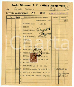 Documento originale, autentico 1942 NIZZA MONFERRATO Ditta Giovanni BORIO Fattura per carne in scatola 16x19 cm 1