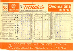 Oggetto da collezione cartaceo 1974 CONI Schedina non giocata TOTOCALCIO Concorso 29 Serie A OVOMALTINA 1