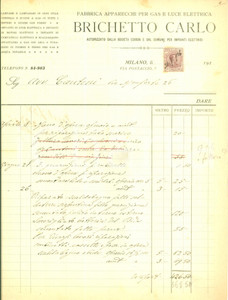 Documento originale, autentico 1920 ca MILANO Apparecchi per gas e luce elettrica Carlo BRICHETTO Fattura 1