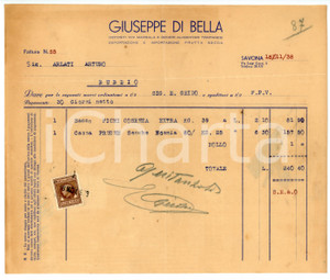 Documento originale, autentico 1938 SAVONA Ditta Giuseppe DI BELLA Fattura per fichi di Cosenza  23x19 cm 1