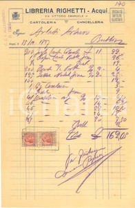 Documento originale, autentico 1927 ACQUI TERME Libreria RIGHETTI  Cartoleria e cancelleria  Fattura 1