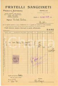 Documento originale, autentico 1924 RAPALLO Fratelli SANGUINETI  Premiata saponeria Fattura 1