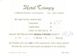 Materiale pubblicitario d’epoca 1960 ca ZURIGO Hotel TRUMPY  Biglietto ILLUSTRATO per prenotazione 1 1
