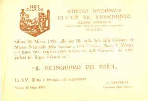 Materiale pubblicitario d’epoca 1955 MILANO Istituto Nazionale Rinascimento Hermann GMELIN Bilinguismo poeti 2 1