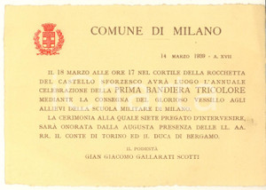 Documento originale, autentico 1939 MILANO Castello Sforzesco  Invito celebrazione prima bandiera tricolore 1