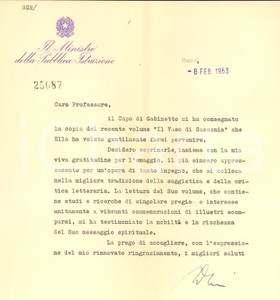 Autografo originale 1963 ROMA Lettera Luigi GUI  Ringraziamento per libro ricevuto  Autografo 1