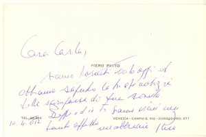Autografo originale 1990 ca VENEZIA Biglietto designer Piero PINTO per condoglianze Autografo 1