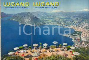 Materiale pubblicitario d’epoca 1950 ca LUGANO Southern Switzerland  Pieghevole illustrato con mappa English 1