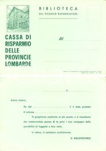 Cartolina originale da collezione 1960 ca MILANO CARIPLO Biblioteca piccolo risparmiatore Sollecito consegna 1