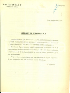 Documento originale, autentico 1940 IVREA Società CHATILLON dichiarata stabilimento ausiliario Documento 1