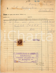 Documento originale, autentico 1942 ACQUI TERME Cereali Felice ZACCONE Fattura per riso 21x28 cm 1