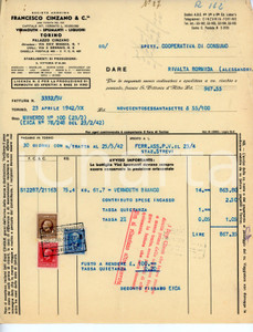 Documento originale, autentico 1942 TORINO Società Francesco CINZANO Fattura per vermouth bianco 22x27 cm 1