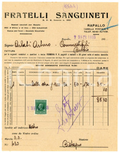 Documento originale, autentico 1933 RAPALLO Fratelli SANGUINETI Olio d oliva e saponi  Fattura 17x22 cm 1